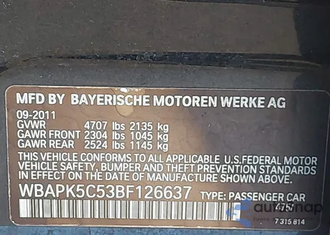 2011 BMW 328I xDrive from USA, damaged, VIN WBAPK5C53BF126637
